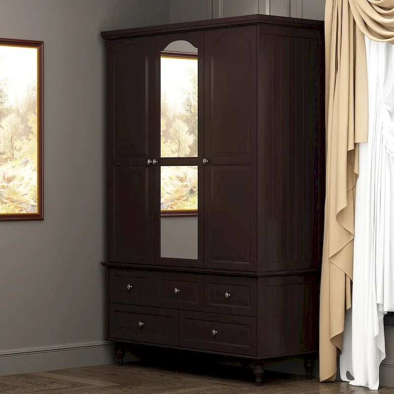 70.9"H Wardrobe Armoire with Mirror Doors - 3 Doors - 5 Drawers - Hanging Rod - 4 Shelves - White Lacquer - Engineered Wood - Bedroom Living Room