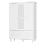 70.9"H Wardrobe Armoire with Mirror Doors - 3 Doors - 5 Drawers - Hanging Rod - 4 Shelves - White Lacquer - Engineered Wood - Bedroom Living Room