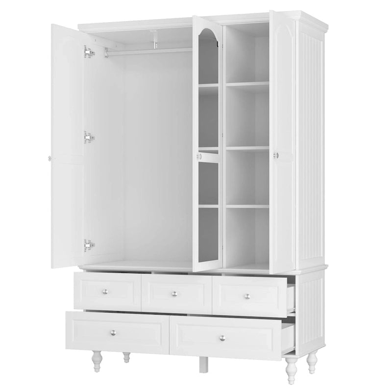 70.9"H Wardrobe Armoire with Mirror Doors - 3 Doors - 5 Drawers - Hanging Rod - 4 Shelves - White Lacquer - Engineered Wood - Bedroom Living Room