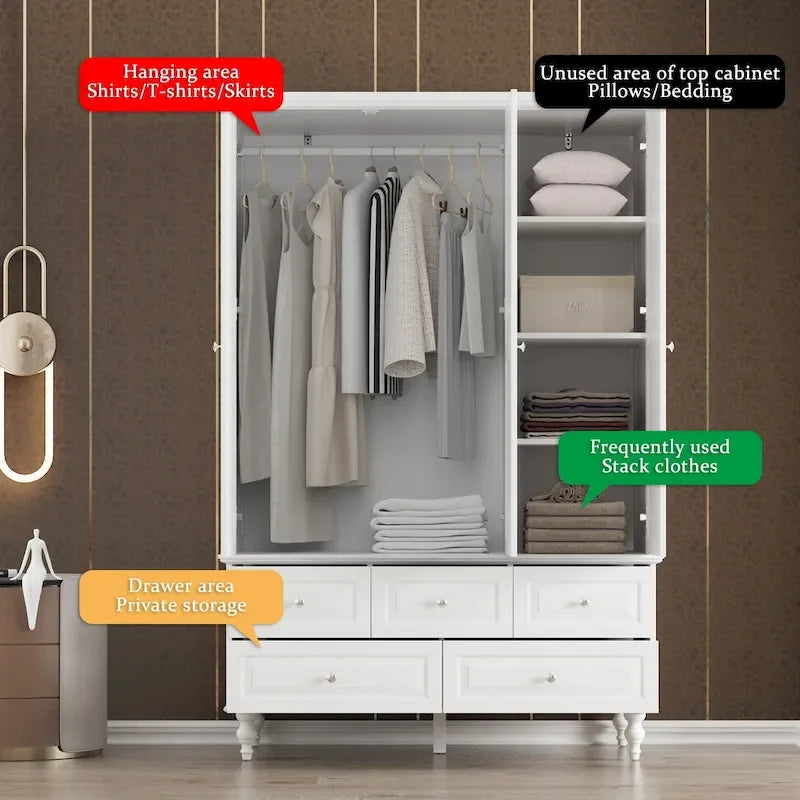 70.9"H Wardrobe Armoire with Mirror Doors - 3 Doors - 5 Drawers - Hanging Rod - 4 Shelves - White Lacquer - Engineered Wood - Bedroom Living Room