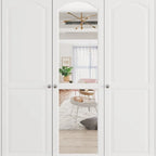 70.9"H Wardrobe Armoire with Mirror Doors - 3 Doors - 5 Drawers - Hanging Rod - 4 Shelves - White Lacquer - Engineered Wood - Bedroom Living Room