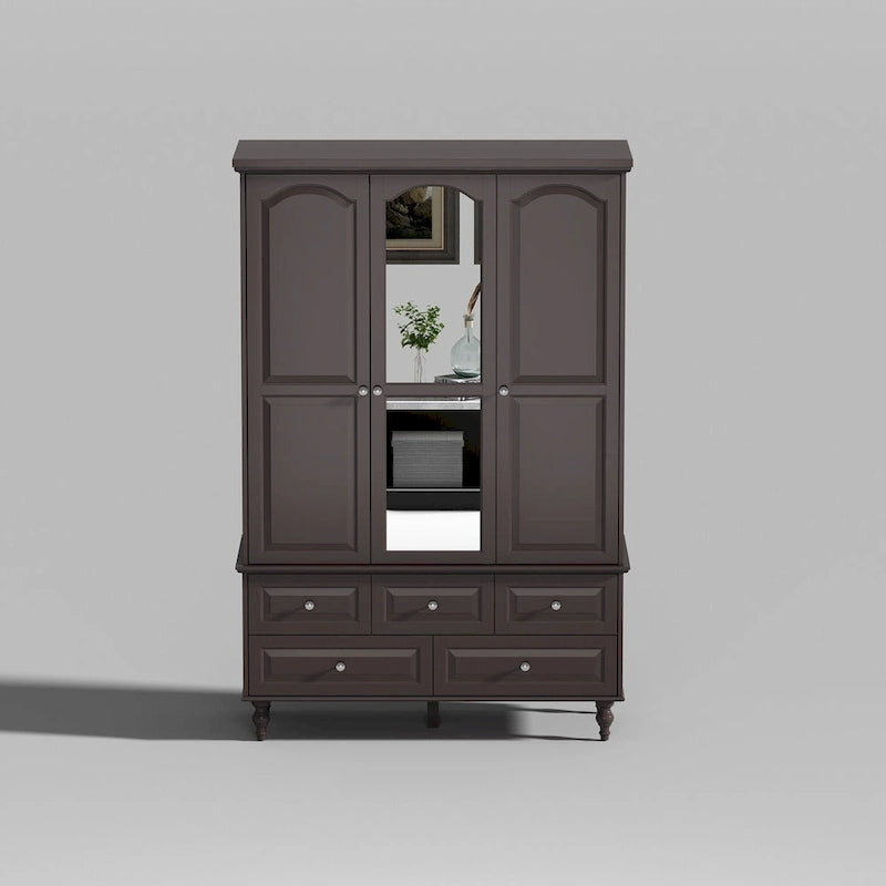 70.9"H Wardrobe Armoire with Mirror Doors - 3 Doors - 5 Drawers - Hanging Rod - 4 Shelves - White Lacquer - Engineered Wood - Bedroom Living Room