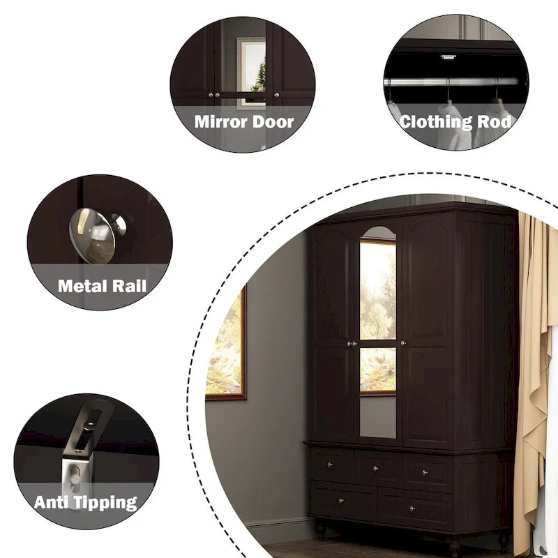 70.9"H Wardrobe Armoire with Mirror Doors - 3 Doors - 5 Drawers - Hanging Rod - 4 Shelves - White Lacquer - Engineered Wood - Bedroom Living Room