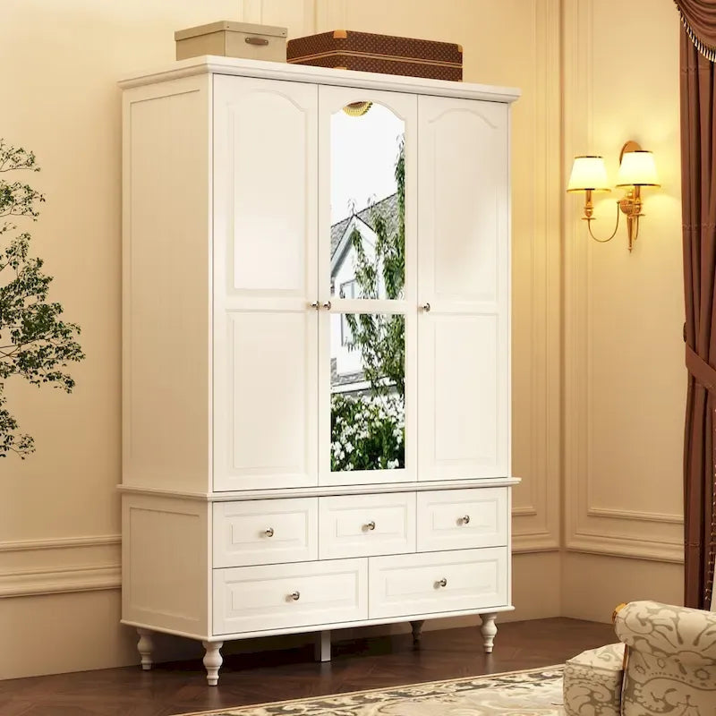 70.9"H Wardrobe Armoire with Mirror Doors - 3 Doors - 5 Drawers - Hanging Rod - 4 Shelves - White Lacquer - Engineered Wood - Bedroom Living Room
