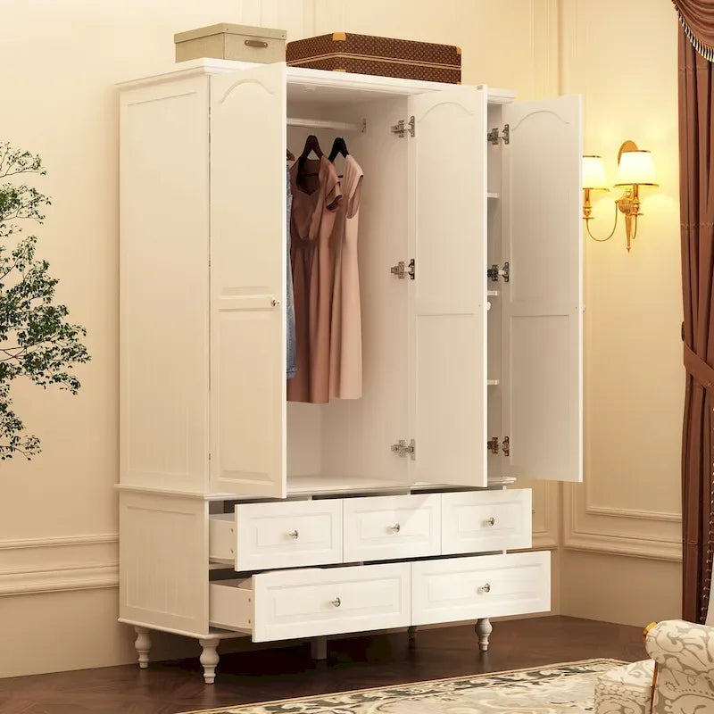 70.9"H Wardrobe Armoire with Mirror Doors - 3 Doors - 5 Drawers - Hanging Rod - 4 Shelves - White Lacquer - Engineered Wood - Bedroom Living Room