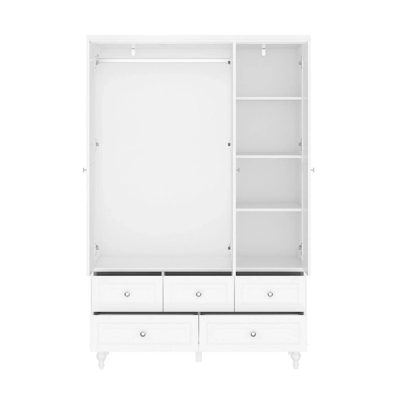 70.9"H Wardrobe Armoire with Mirror Doors - 3 Doors - 5 Drawers - Hanging Rod - 4 Shelves - White Lacquer - Engineered Wood - Bedroom Living Room