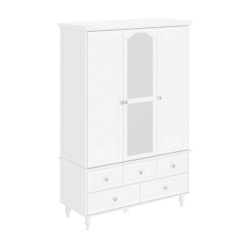 70.9"H Wardrobe Armoire with Mirror Doors - 3 Doors - 5 Drawers - Hanging Rod - 4 Shelves - White Lacquer - Engineered Wood - Bedroom Living Room