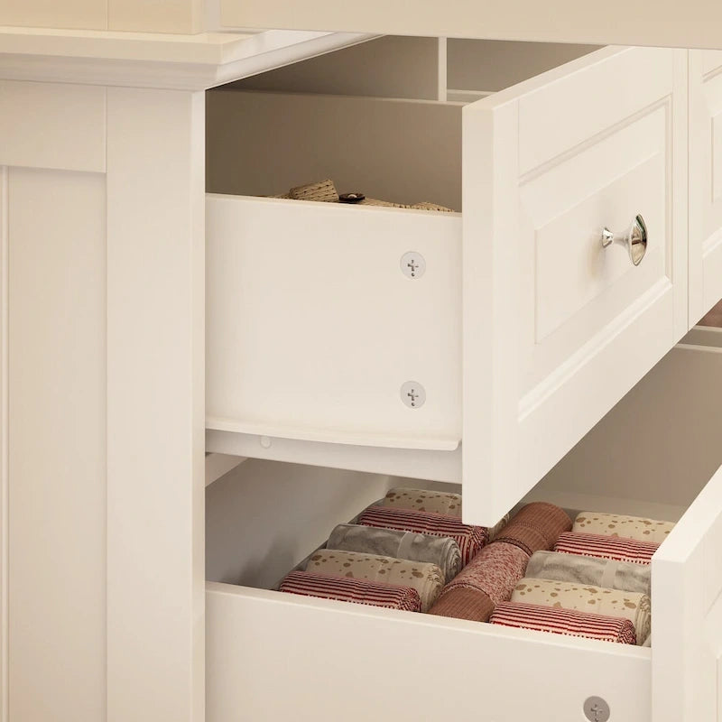 70.9"H Wardrobe Armoire with Mirror Doors - 3 Doors - 5 Drawers - Hanging Rod - 4 Shelves - White Lacquer - Engineered Wood - Bedroom Living Room