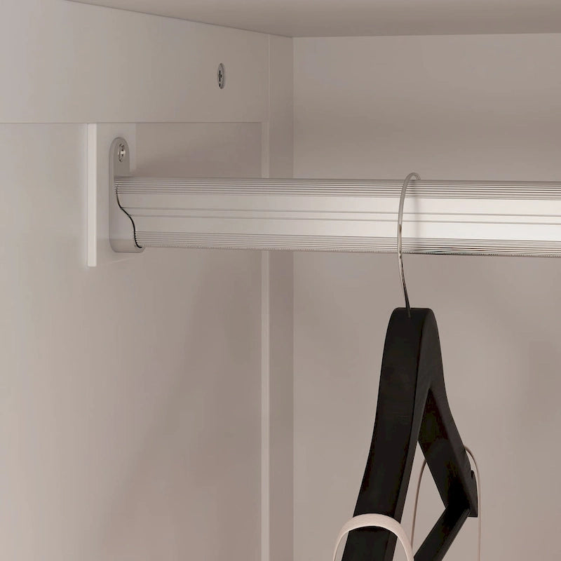 70.9"H Wardrobe Armoire with Mirror Doors - 3 Doors - 5 Drawers - Hanging Rod - 4 Shelves - White Lacquer - Engineered Wood - Bedroom Living Room