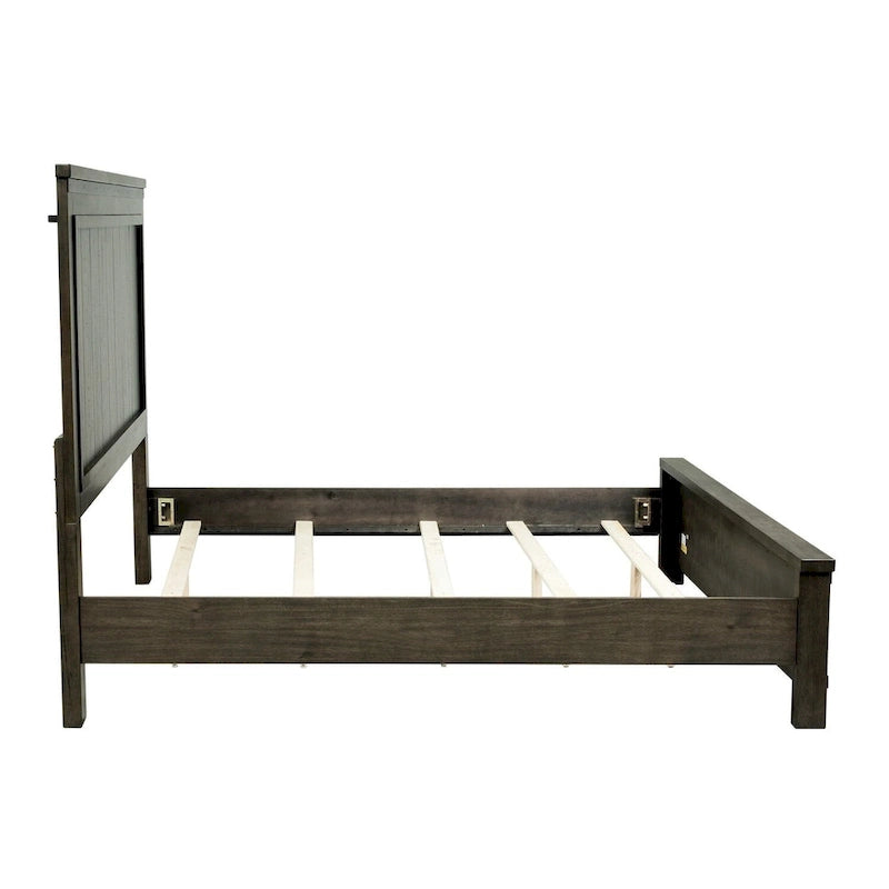 King Planked Panel Headboard - Rock Beaten Gray Rubberwood with Hammered Metal Strip, Rustic Industrial Style