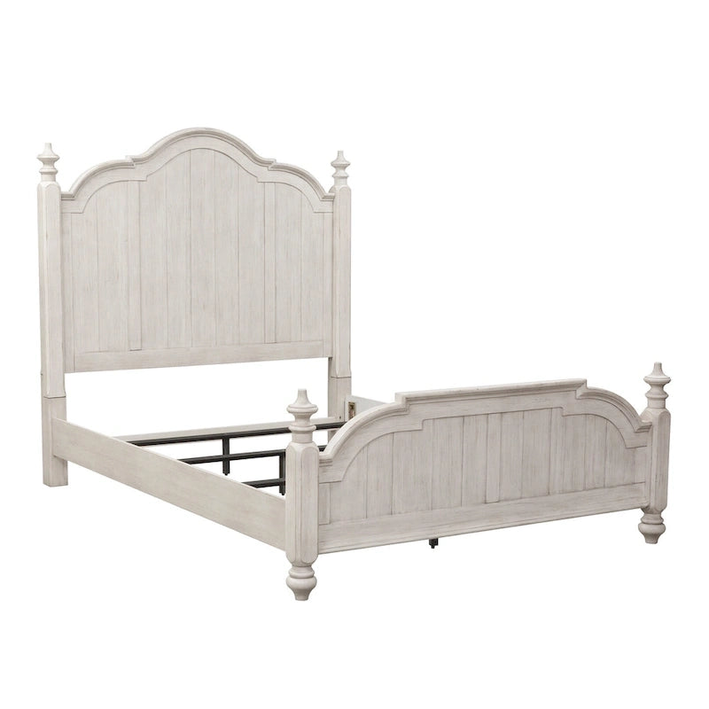 King Farmhouse Poster Bed - Antique White Pine with Chestnut Tops, Wire Brushed, Turned Finials, Cottage Style