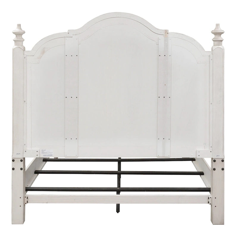 King Farmhouse Poster Bed - Antique White Pine with Chestnut Tops, Wire Brushed, Turned Finials, Cottage Style