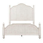 King Farmhouse Poster Bed - Antique White Pine with Chestnut Tops, Wire Brushed, Turned Finials, Cottage Style