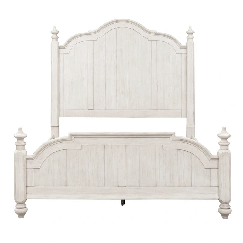 King Farmhouse Poster Bed - Antique White Pine with Chestnut Tops, Wire Brushed, Turned Finials, Cottage Style