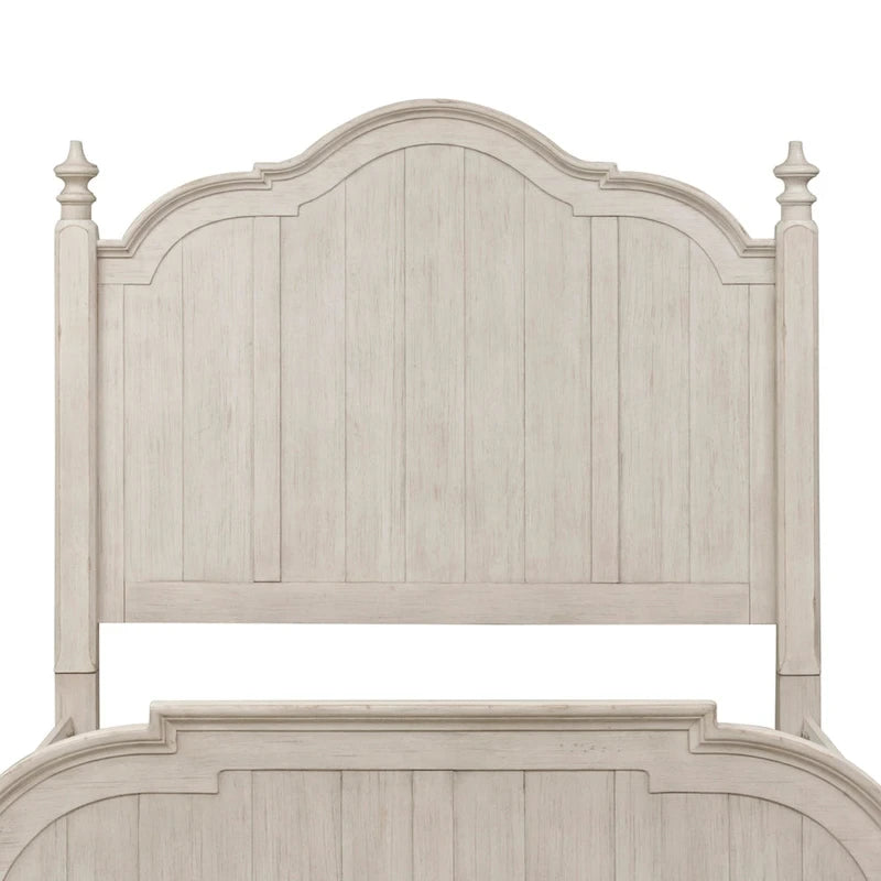 King Farmhouse Poster Bed - Antique White Pine with Chestnut Tops, Wire Brushed, Turned Finials, Cottage Style