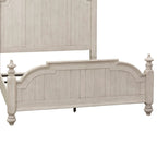 King Farmhouse Poster Bed - Antique White Pine with Chestnut Tops, Wire Brushed, Turned Finials, Cottage Style