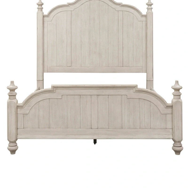 King Farmhouse Poster Bed - Antique White Pine with Chestnut Tops, Wire Brushed, Turned Finials, Cottage Style