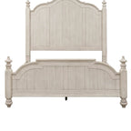 King Farmhouse Poster Bed - Antique White Pine with Chestnut Tops, Wire Brushed, Turned Finials, Cottage Style