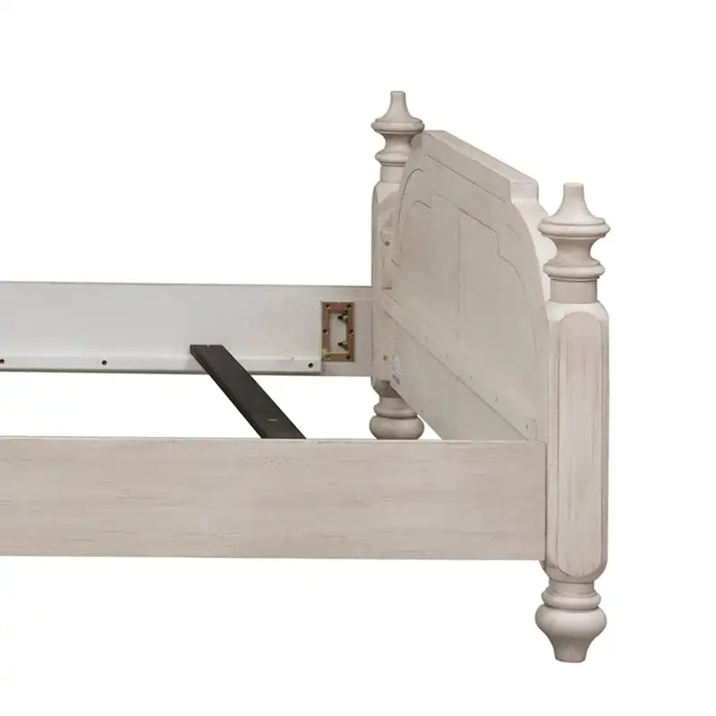 King Farmhouse Poster Bed - Antique White Pine with Chestnut Tops, Wire Brushed, Turned Finials, Cottage Style