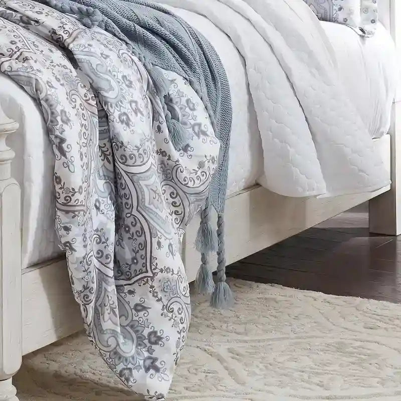 King Farmhouse Poster Bed - Antique White Pine with Chestnut Tops, Wire Brushed, Turned Finials, Cottage Style