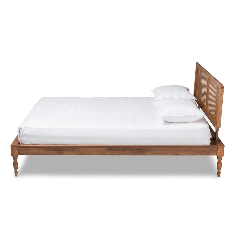 French Provincial Ash Walnut Platform Bed - Woven Rattan Headboard, Turned Legs, No Box Spring, Full/Queen/King