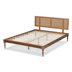 French Provincial Ash Walnut Platform Bed - Woven Rattan Headboard, Turned Legs, No Box Spring, Full/Queen/King