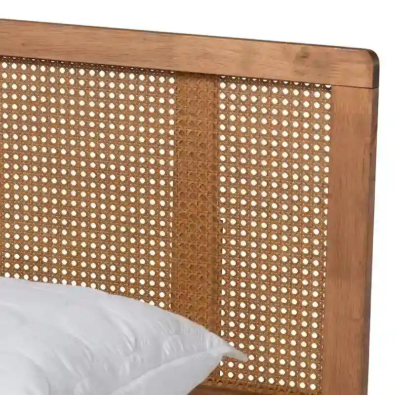 French Provincial Ash Walnut Platform Bed - Woven Rattan Headboard, Turned Legs, No Box Spring, Full/Queen/King