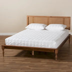 French Provincial Ash Walnut Platform Bed - Woven Rattan Headboard, Turned Legs, No Box Spring, Full/Queen/King