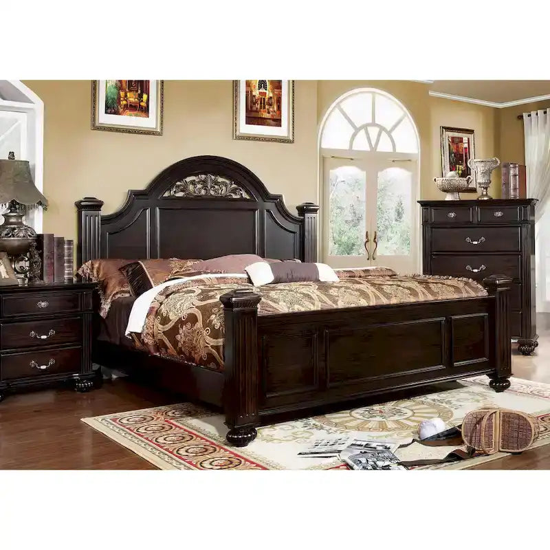 Queen Traditional Dark Walnut Wood Four Poster Bed - Floral Carved Headboard, Fluted Posts, 500 lbs Capacity