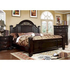 Queen Traditional Dark Walnut Wood Four Poster Bed - Floral Carved Headboard, Fluted Posts, 500 lbs Capacity