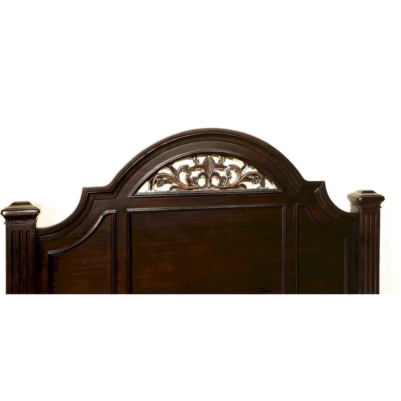 Queen Traditional Dark Walnut Wood Four Poster Bed - Floral Carved Headboard, Fluted Posts, 500 lbs Capacity