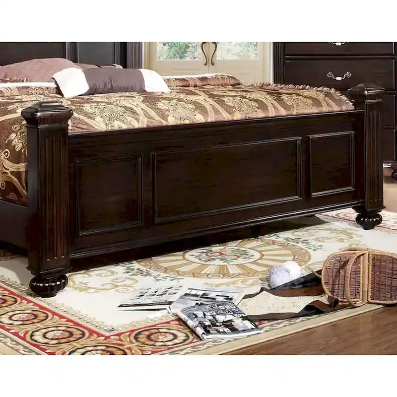 Queen Traditional Dark Walnut Wood Four Poster Bed - Floral Carved Headboard, Fluted Posts, 500 lbs Capacity