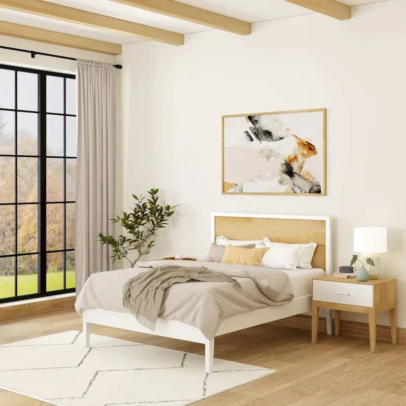 Full Size Modern White Platform Bed - Solid Pine & Birch Wood, Low-Profile Headboard, 500 lbs Capacity, Non-Toxic