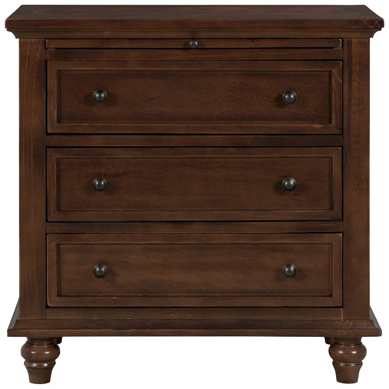 3-Drawer Wood End Table Cabinet with Pull-Out Tray, Pine & Manufactured Wood, Storage Nightstand for Living Room Bedroom