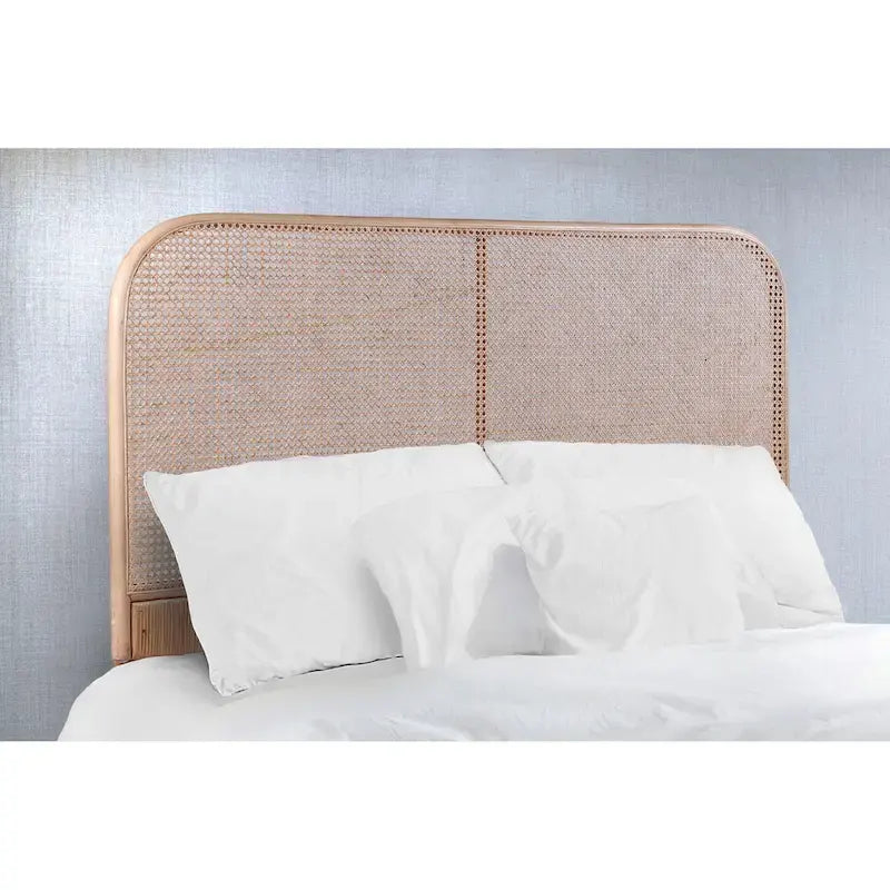 Natural Cane & Teak Wood Headboard - Handwoven Sustainable Fiber, Modern Curved Design, Wall or Bed Frame Mount, Adjustable Compatible