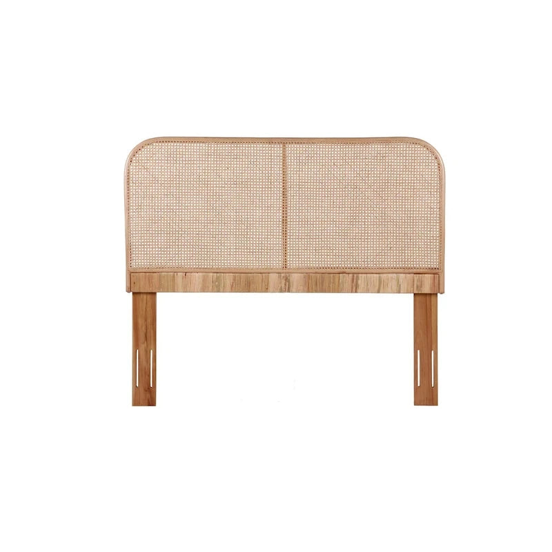 Natural Cane & Teak Wood Headboard - Handwoven Sustainable Fiber, Modern Curved Design, Wall or Bed Frame Mount, Adjustable Compatible