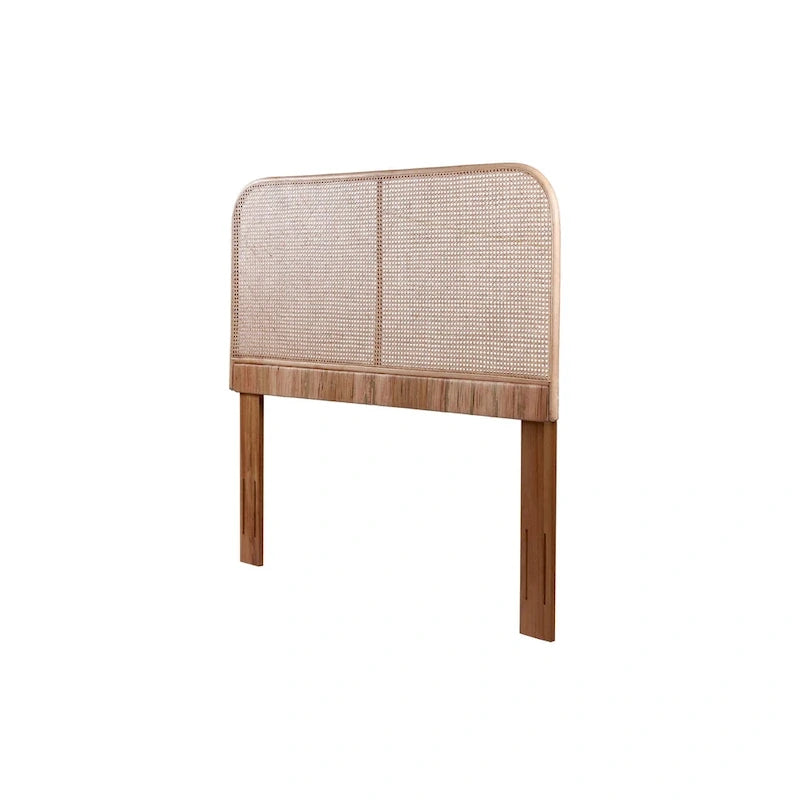 Natural Cane & Teak Wood Headboard - Handwoven Sustainable Fiber, Modern Curved Design, Wall or Bed Frame Mount, Adjustable Compatible