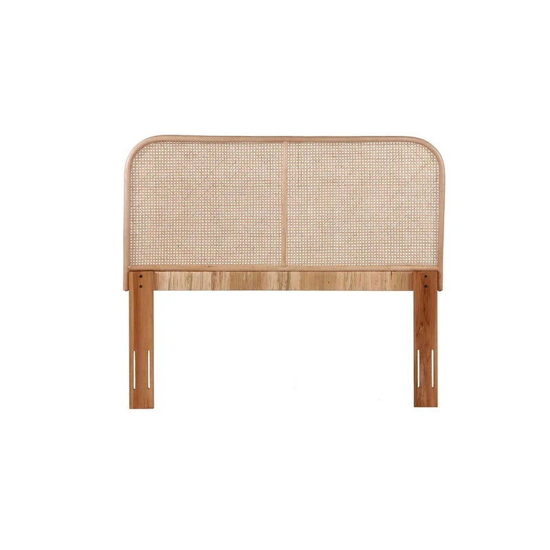 Natural Cane & Teak Wood Headboard - Handwoven Sustainable Fiber, Modern Curved Design, Wall or Bed Frame Mount, Adjustable Compatible