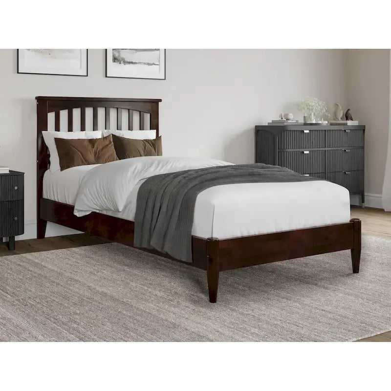 Solid Wood Low Profile Platform Bed - Mission Slatted Headboard, USB Charging Ports, 800 lbs, Twin-King Sizes