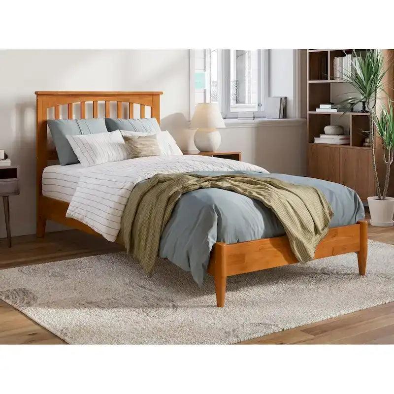 Solid Wood Low Profile Platform Bed - Mission Slatted Headboard, USB Charging Ports, 800 lbs, Twin-King Sizes