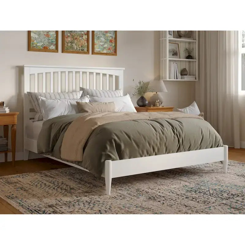 Solid Wood Low Profile Platform Bed - Mission Slatted Headboard, USB Charging Ports, 800 lbs, Twin-King Sizes