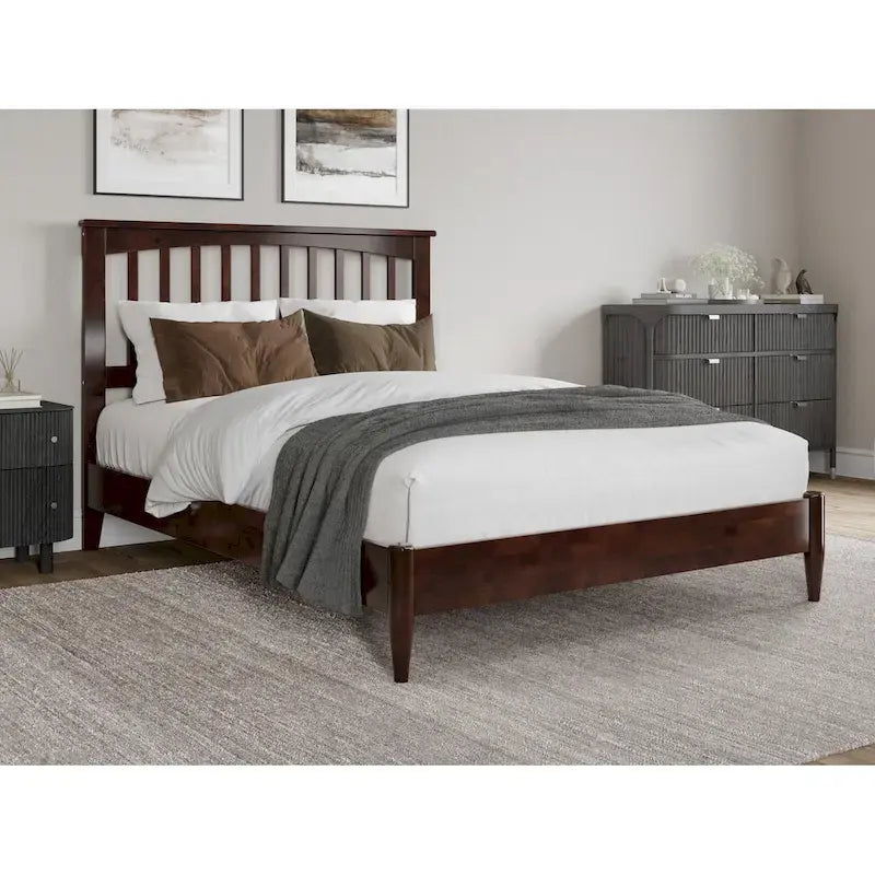 Solid Wood Low Profile Platform Bed - Mission Slatted Headboard, USB Charging Ports, 800 lbs, Twin-King Sizes