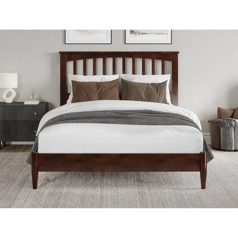 Solid Wood Low Profile Platform Bed - Mission Slatted Headboard, USB Charging Ports, 800 lbs, Twin-King Sizes