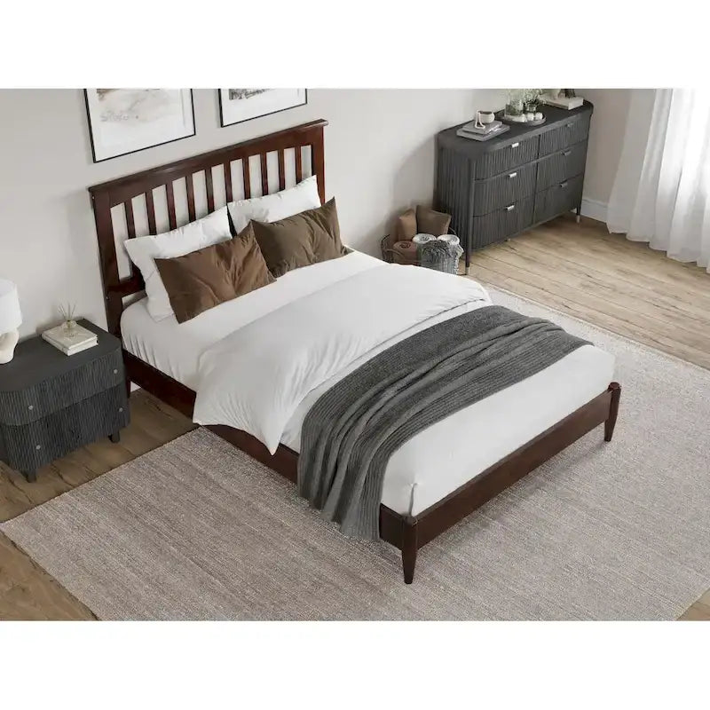 Solid Wood Low Profile Platform Bed - Mission Slatted Headboard, USB Charging Ports, 800 lbs, Twin-King Sizes