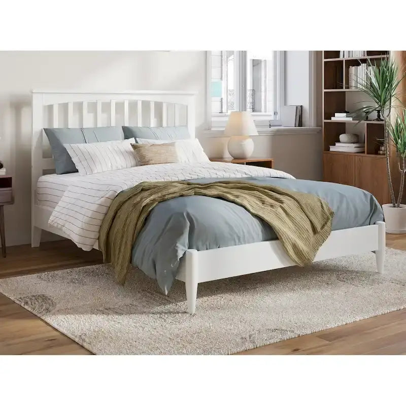 Solid Wood Low Profile Platform Bed - Mission Slatted Headboard, USB Charging Ports, 800 lbs, Twin-King Sizes