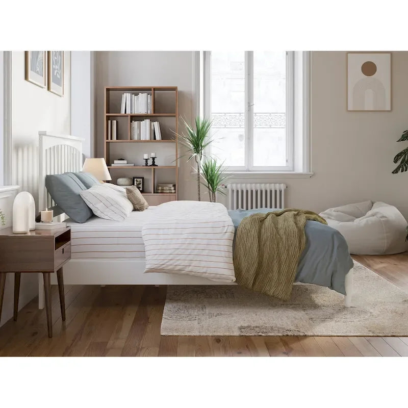 Solid Wood Low Profile Platform Bed - Mission Slatted Headboard, USB Charging Ports, 800 lbs, Twin-King Sizes