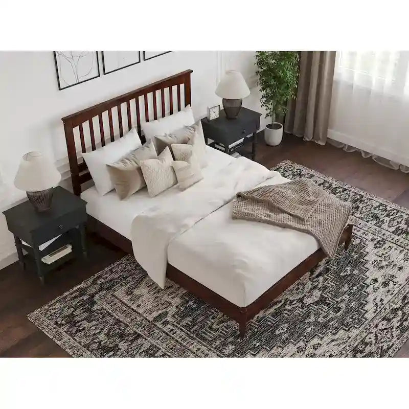 Solid Wood Low Profile Platform Bed - Mission Slatted Headboard, USB Charging Ports, 800 lbs, Twin-King Sizes
