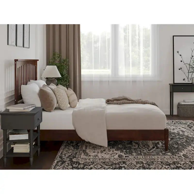 Solid Wood Low Profile Platform Bed - Mission Slatted Headboard, USB Charging Ports, 800 lbs, Twin-King Sizes