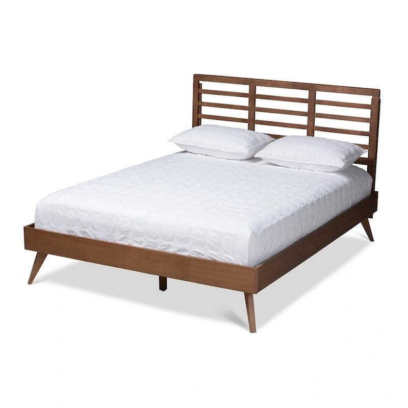 Mid-Century Modern Walnut Wood Platform Bed - Adjustable Headboard Height, No Box Spring, Full/Queen/King