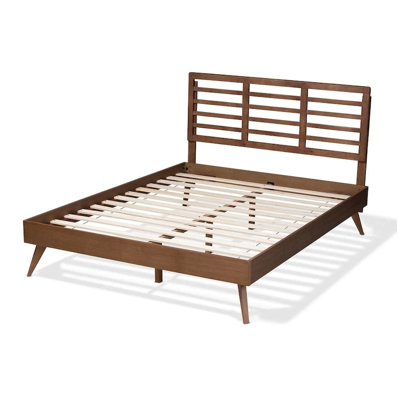 Mid-Century Modern Walnut Wood Platform Bed - Adjustable Headboard Height, No Box Spring, Full/Queen/King